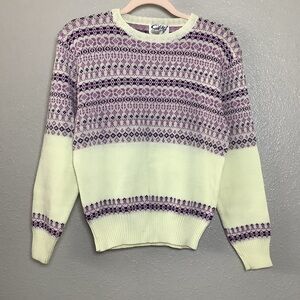 Vintage 90s Purple Fair Isle Fisherman Cottagecore Knitted Sweater L Winter
